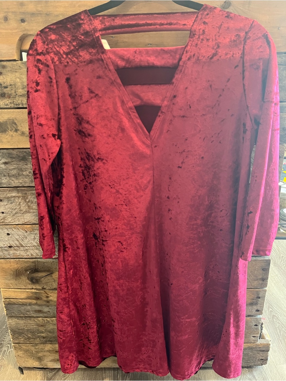 Peach Love California Crushed Velvet V-Neck Long Sleeve Dress in Burgundy